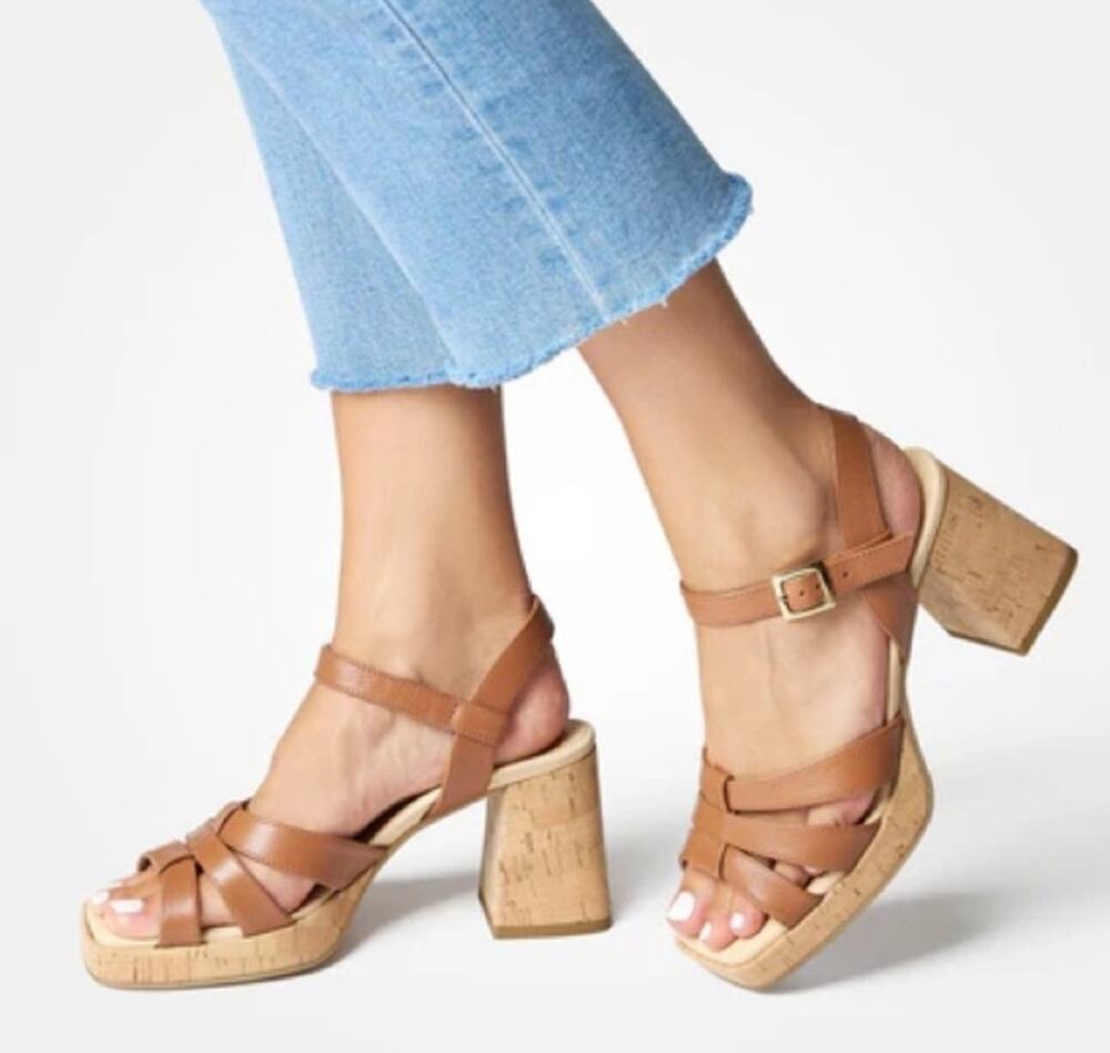 Paul Green Tina Slip-On Open-Toe Platform Heel Sandal Cognac Leather Sz 9.5 NIB